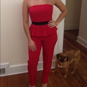 Red & black strapless peplum jumpsuit
